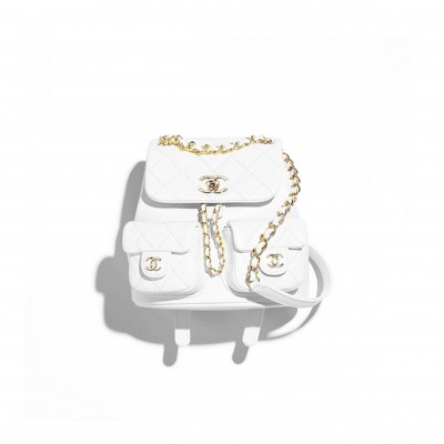 CHANEL SMALL BACKPACK GRAINED CALFSKIN & GOLD-TONE METAL WHITE AS3787 B16982 (17.5*16.5*10cm)